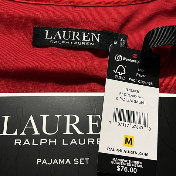 Ralph Lauren 2Pcs Garment Red Plaid V-Neck Pajama Set - Picture 5 of 6